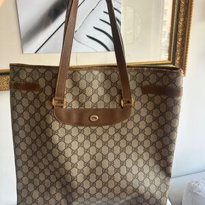 Gucci Beige Brown GG Canvas Tote with Leather Trim